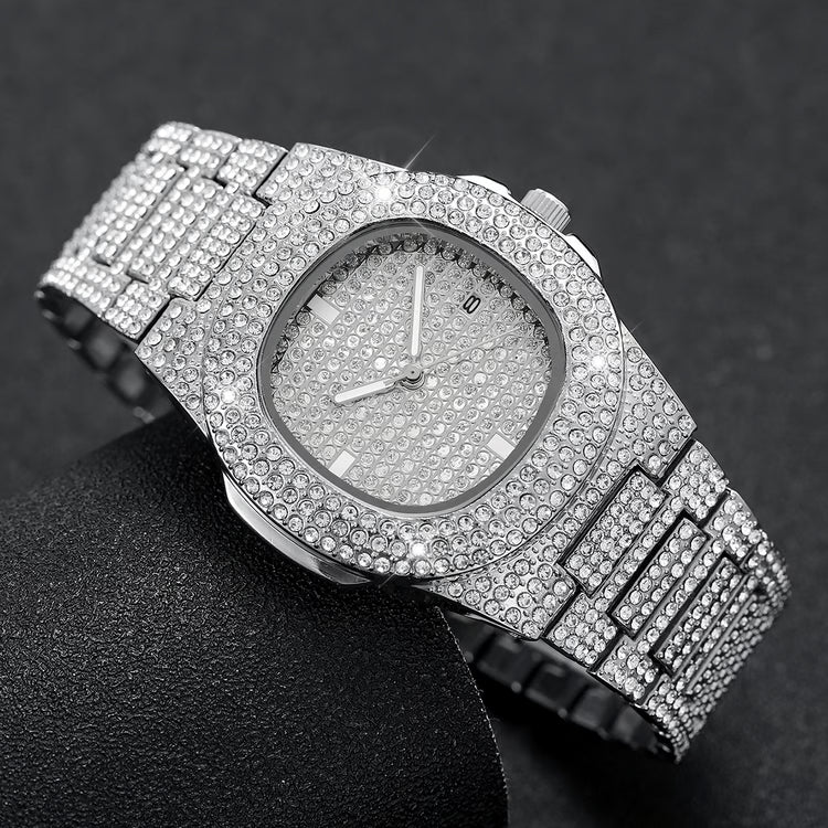 Luxury Diamond Stainless Steel Quartz Watch for Men with Calendar
