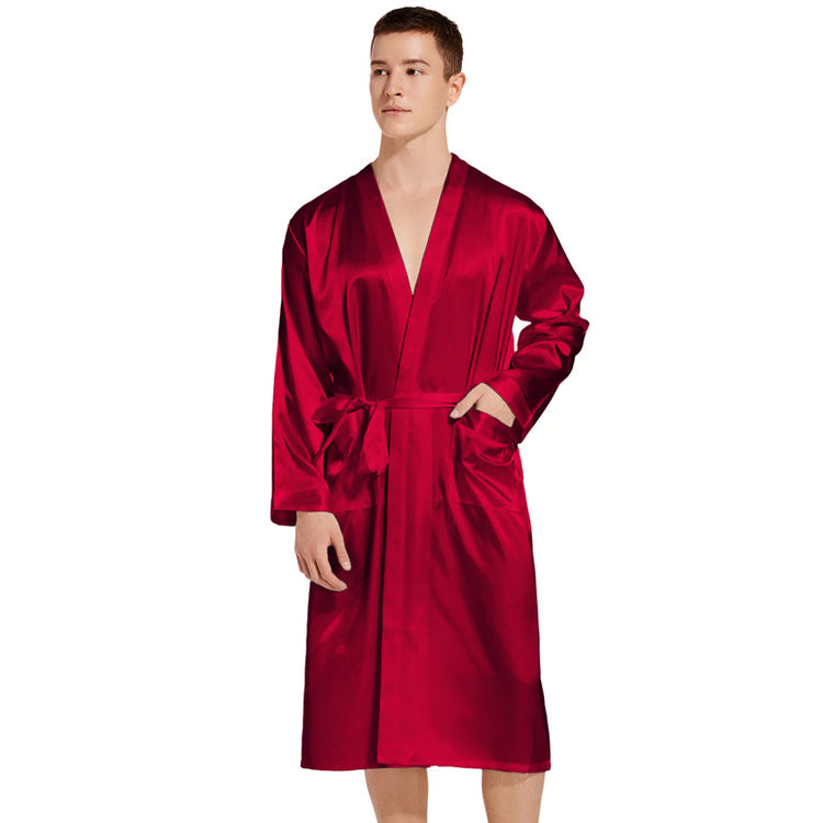Navy Blue Silk Satin Kimono Gown, Men Long Bathrobe Sleepwear, Wedding Robe, Loungewear for Bridegroom, Spring Summer