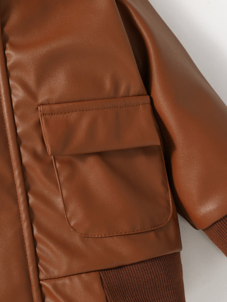 Boys PU Leather Jacket, 1-3Y Fall Winter Leather Coat with Turn-Down Collar, Zipper, Fashion Outwear