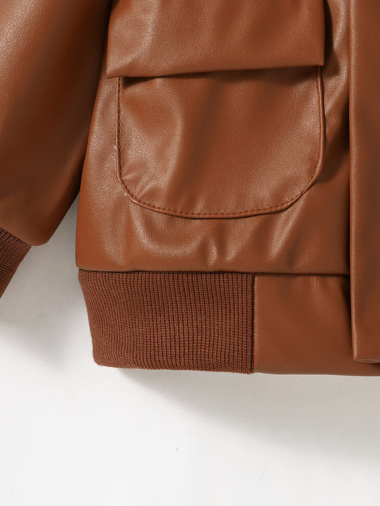 Boys PU Leather Jacket, 1-3Y Fall Winter Leather Coat with Turn-Down Collar, Zipper, Fashion Outwear