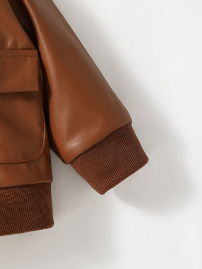 Boys PU Leather Jacket, 1-3Y Fall Winter Leather Coat with Turn-Down Collar, Zipper, Fashion Outwear