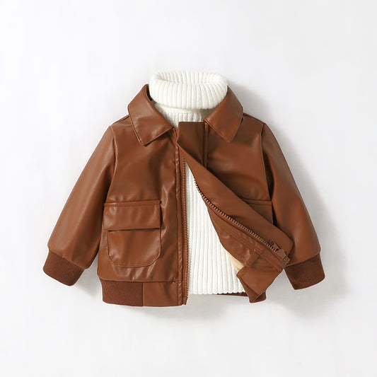 Boys PU Leather Jacket, 1-3Y Fall Winter Leather Coat with Turn-Down Collar, Zipper, Fashion Outwear