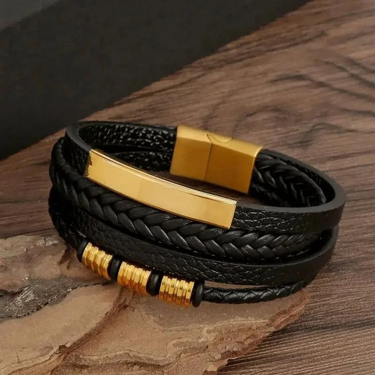 Multi Layers PU Leather Men Bracelet, Magnut Closure, Waved Leather, Gold Color Metal Tube Charm, Fashion Hip Hop Men metal color:  gold