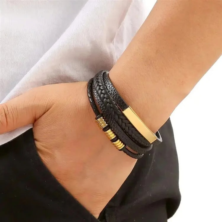 Multi Layers PU Leather Men Bracelet, Magnut Closure, Waved Leather, Gold Color Metal Tube Charm, Fashion Hip Hop Men metal color:  gold