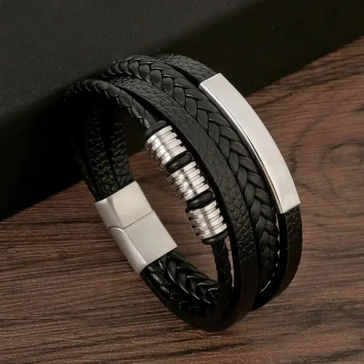 Multi Layers PU Leather Men Bracelet, Magnut Closure, Waved Leather, Gold Color Metal Tube Charm, Fashion Hip Hop Men metal color:  gold