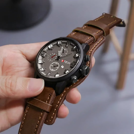 Retro Military Leather Watch for Men Big Dial Quartz Business Wristwatch with Calendar