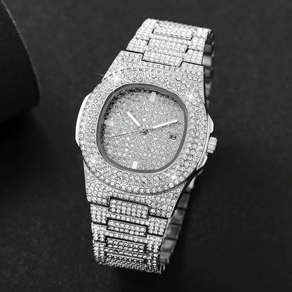 Luxury Diamond Stainless Steel Quartz Watch for Men with Calendar