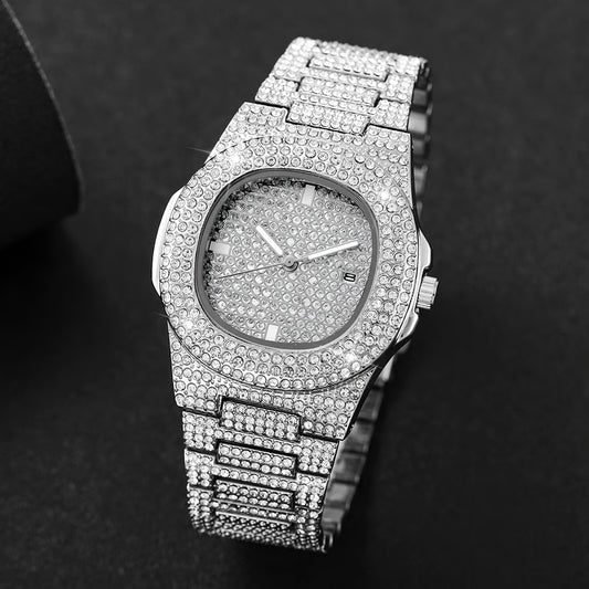 Luxury Diamond Stainless Steel Quartz Watch for Men with Calendar