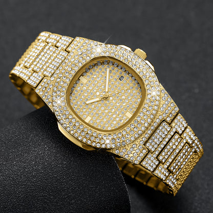 Luxury Diamond Stainless Steel Quartz Watch for Men with Calendar