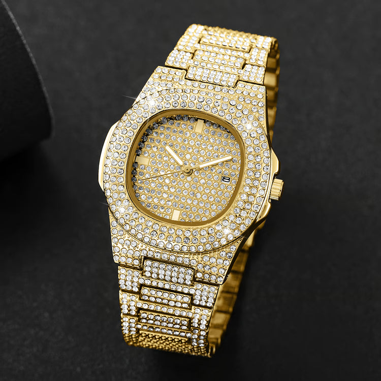 Luxury Diamond Stainless Steel Quartz Watch for Men with Calendar