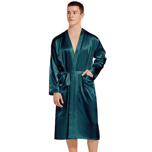 Navy Blue Silk Satin Kimono Gown, Men Long Bathrobe Sleepwear, Wedding Robe, Loungewear for Bridegroom, Spring Summer