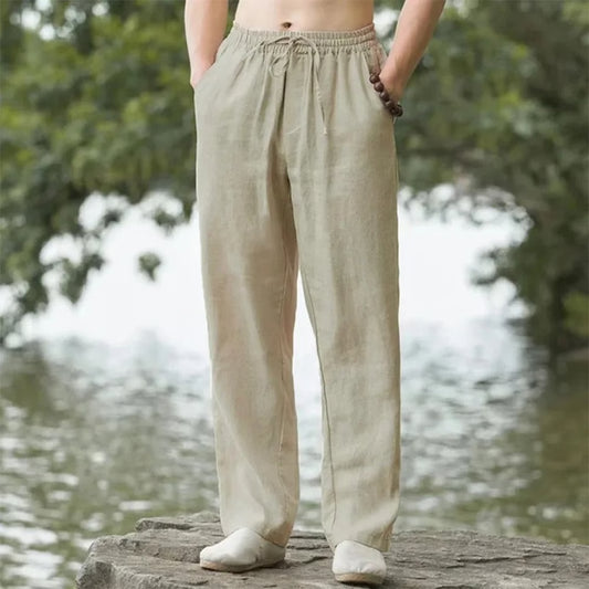 Men Summer Cotton Linen Beach Pants Casual Loose Joggers